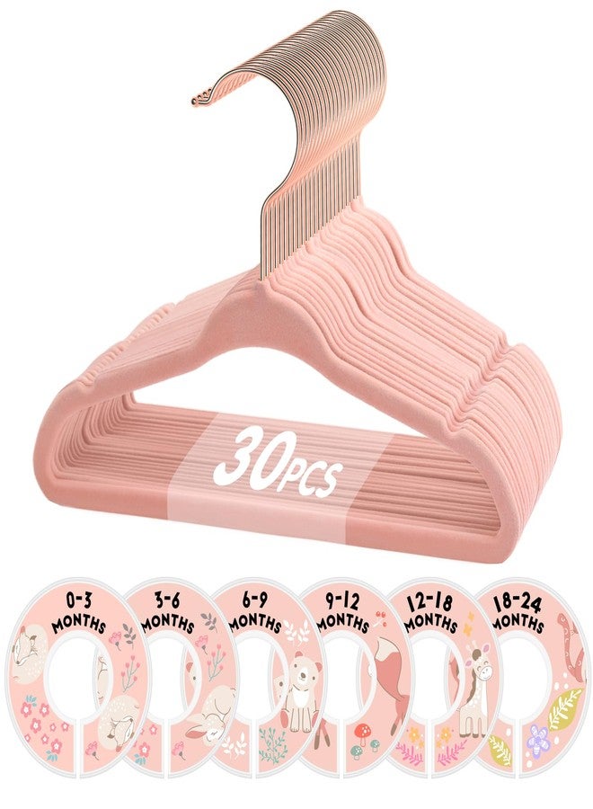 VIS'V Baby Hangers, 11 Inch Velvet Kids Hangers with 6 Pcs Clothes Size Dividers, Infant Toddler Nursery Closet Organization, Non Slip, Pink, 30 Pcs - Image 1